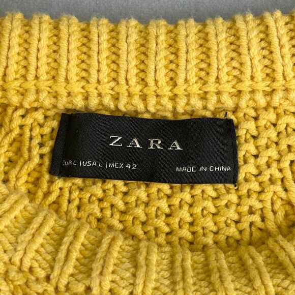 Zara Sweater Mens L Yellow Cable Knit Crewneck Pullover Diamond Cable Chic Prep - Picture 6 of 7